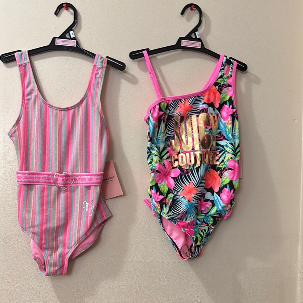 Juicy Couture Pink and Floral Girls' Swimsuit Duo one piece each size 8